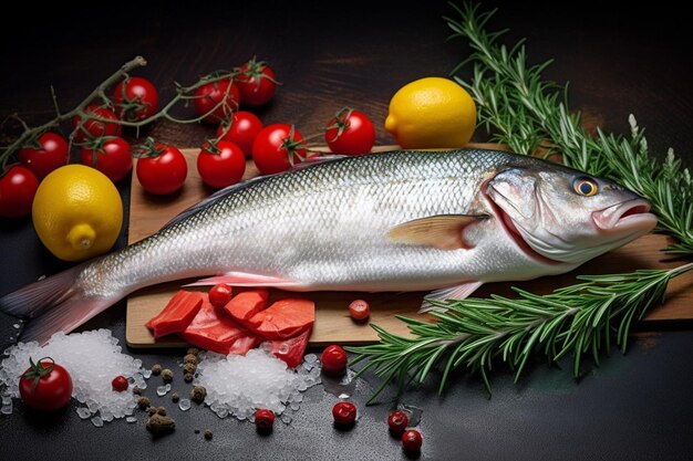 Fresh fish seabass and ingredients for cooking