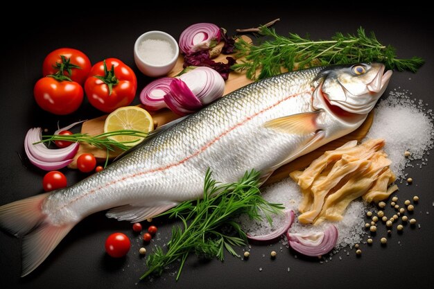 Fresh fish seabass and ingredients for cooking