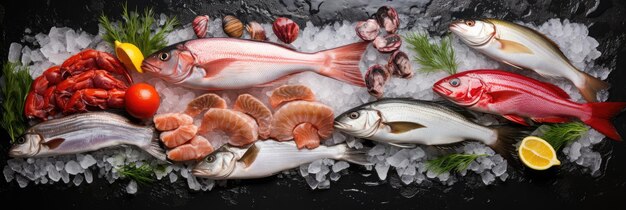 Свежая рыба и морепродукты, расположенные на черных скалах