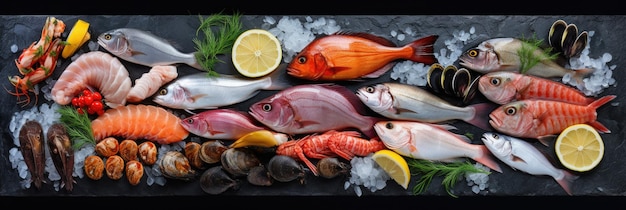 Fresh fish and seafood arranged on black background rocks