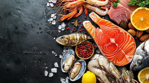 Fresh fish and seafood assortment on black slate background Top view Generative Ai