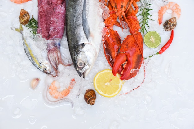 Fresh fish and seafood plate with Shellfish, Fresh raw seafood on ice at the fish market food