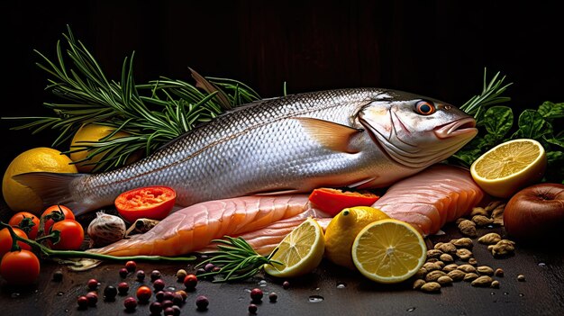 Свежая рыба и морепродукты на столе