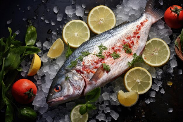 新鮮な魚介類と緑のハーブとレモンを氷の上に添えたもの