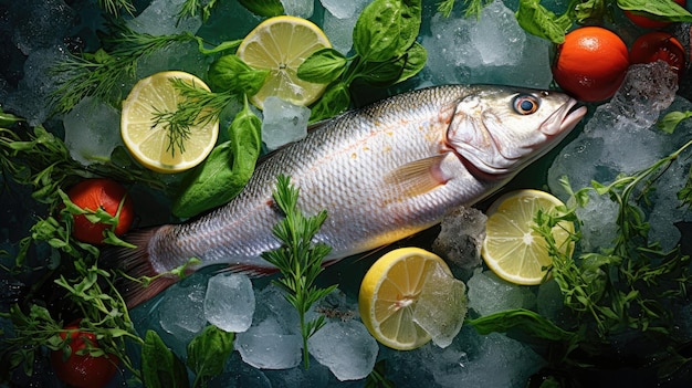 Fresh fish and seafood with green herbs and lemon on ice