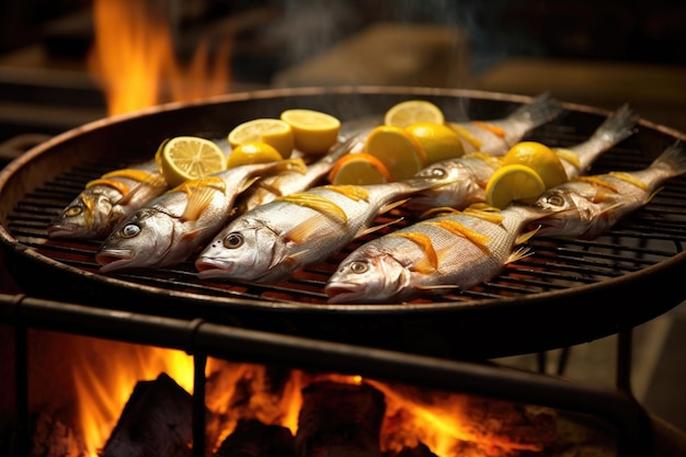 Fresh fish sizzling on a boat grill with lemon slices created with generative ai