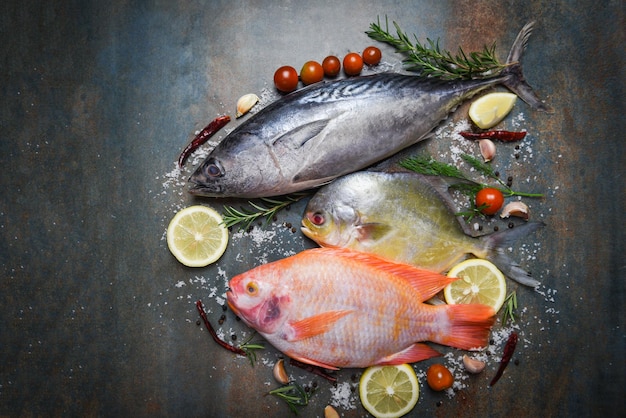 Fresh fish with herbs spices rosemary and lemon garlic tomato for cooked food Raw fish red tilapia Tuna and pomfret fish on dark plate background