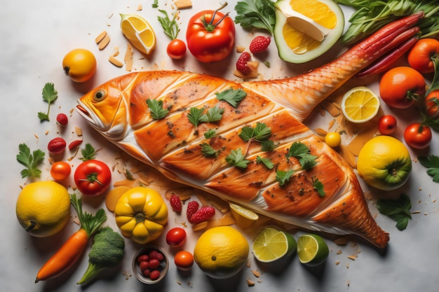 Fresh fish with ingredients on light background top view Healthy food generative ai
