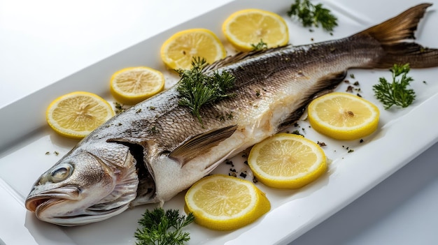 fresh fish with lemon and herbs on a white plate