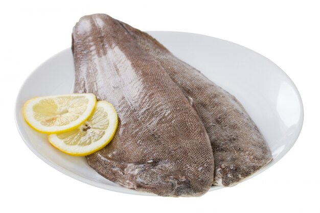 Fresh fish with lemon on plate