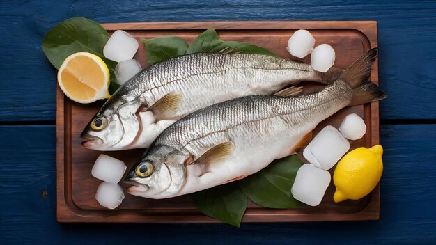 Fresh fish on a wooden board with ice cubes and lemon