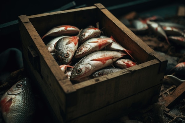 Fresh fish in a wooden crate at a fish market Dark moody food photography