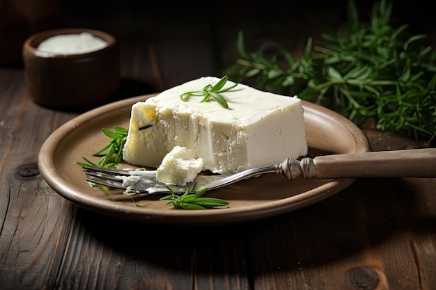 Fresh flavorful cheese on wooden table with a fork