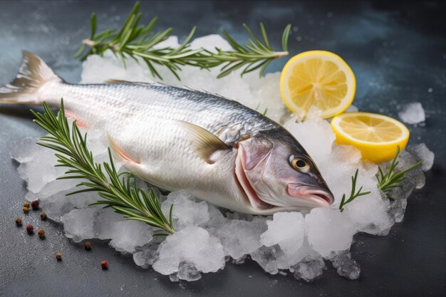 Photo fresh flavors on ice chilled sea bass and dorado fish infused with lemon and rosemary ready for yo