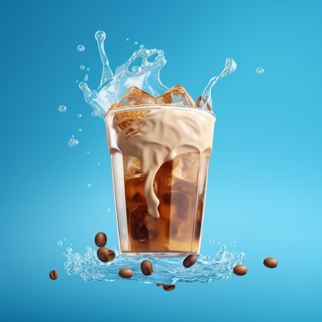 青い背景に浮かぶ新鮮なコーヒー写真 3Dレンダリング