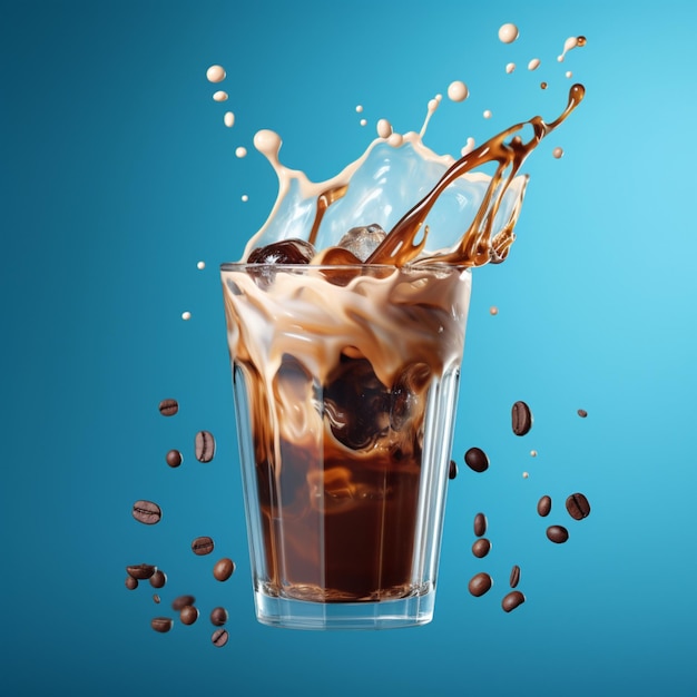 Fresh floating coffee photo isolated on blue background coffee drink 3d rendering