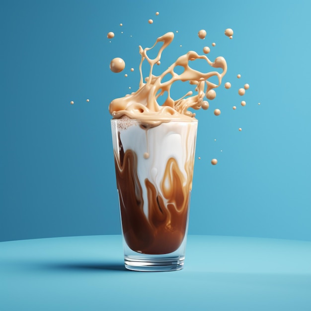 Свежий плавающий кофе фото изолированный на синем фоне кофейный напиток 3D рендеринг