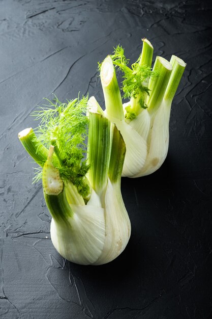 Fresh florence fennel bulbs, on black textured background