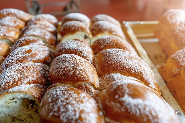 Panini di farina fresca cosparsi di zucchero a velo sopra appena sfornati