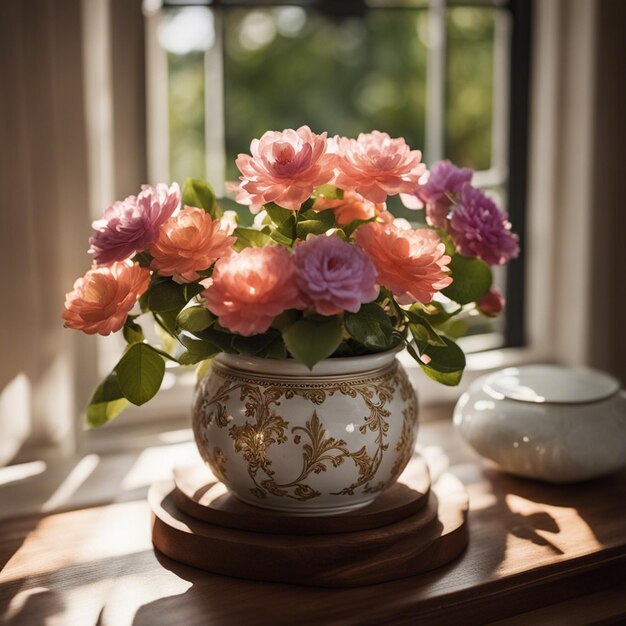 A fresh flower in color full flower pot on wooden shelf against window