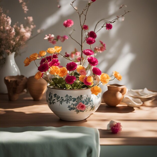 A fresh flower in color full flower pot on wooden shelf against window