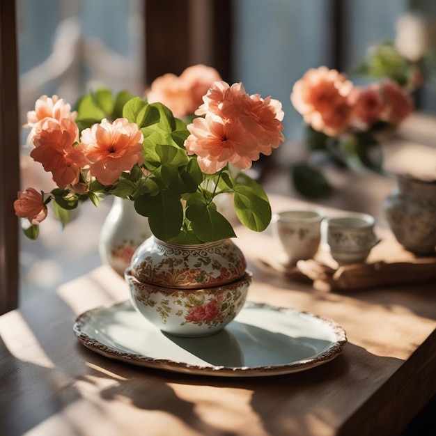 A fresh flower in color full flower pot on wooden shelf against window