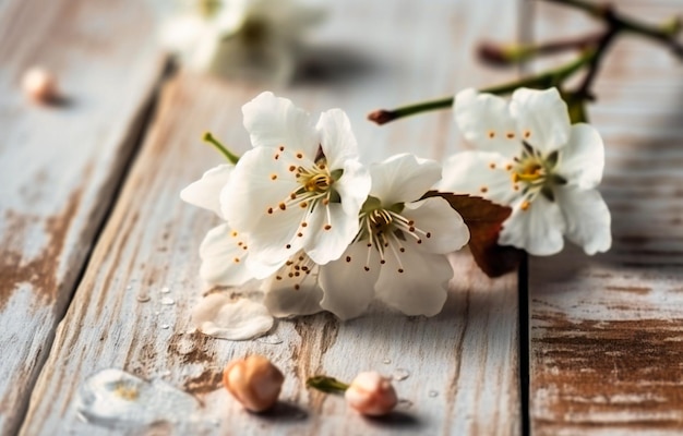 A fresh flower is on a white wooden surface