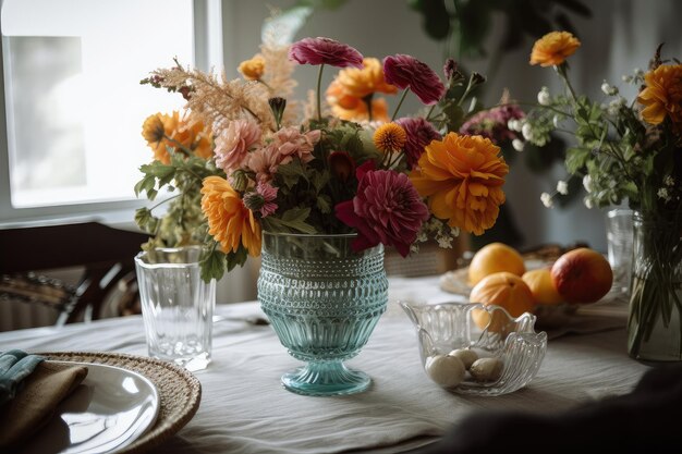 写真 ボヘミアンのダイニング テーブルの花瓶に生花