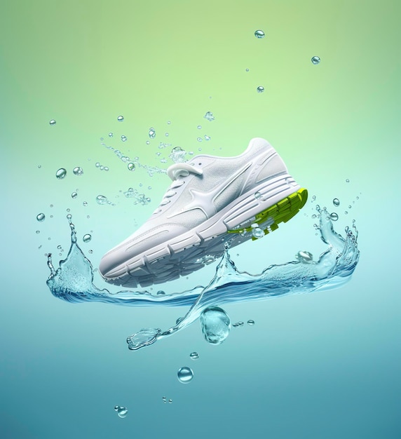 Fresh fly running shoes in water and wind in the style of natural patterns light white and light indigo ethereal illustration light blue and light green delicate still life ai generative