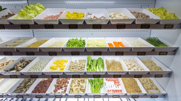 Fresh food line for sukiyaki buffet in refrigerator such as chicken