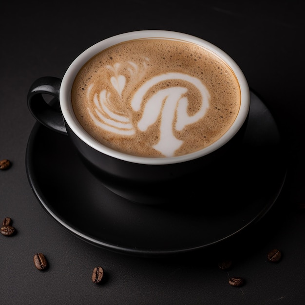 Fresh fragrant cappuccino coffee with a beautiful pattern on the crema isolated on black closeup