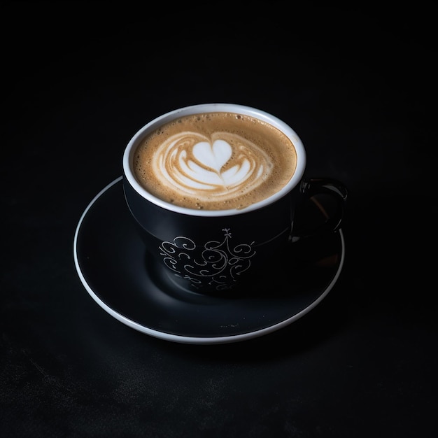 Fresh fragrant cappuccino coffee with a beautiful pattern heart on the crema isolated on black