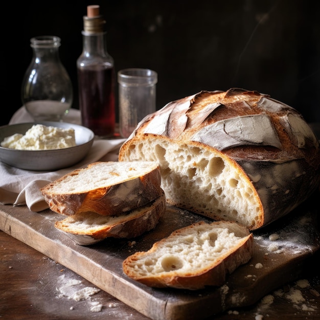 Fresh fragrant crusty bread on a wooden table with a dark background Generative AI