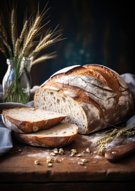 Fresh fragrant crusty bread on a wooden table with a dark background Generative AI