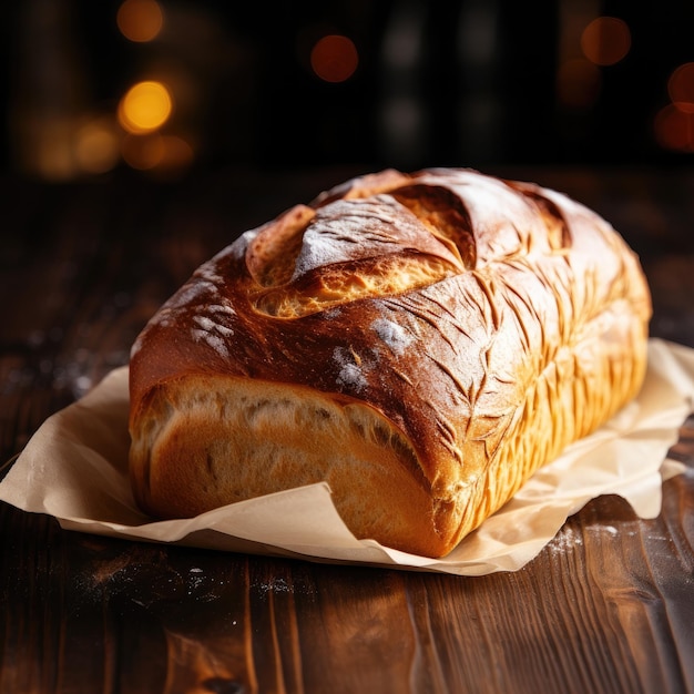 Fresh fragrant crusty bread on a wooden table with a dark background Generative AI