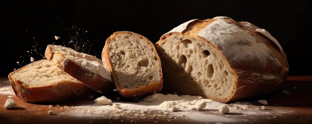 Fresh fragrant crusty bread on a wooden table with a dark background Generative AI