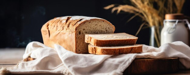 Fresh fragrant crusty bread on a wooden table with a dark background Generative AI