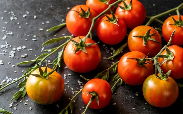 Fresh fragrant tomatoes on a branch Against a dark background