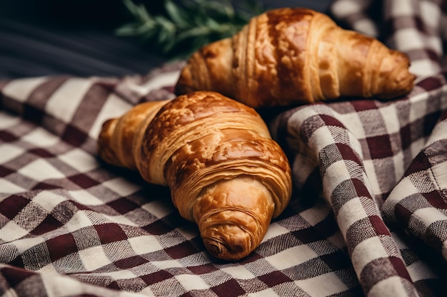 Fresh french croissants on a tablecloth