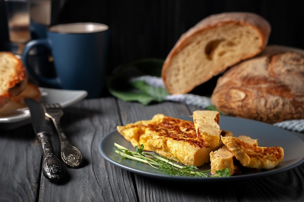 Fresh french omelet with fresh pea sprouts vegetarian food