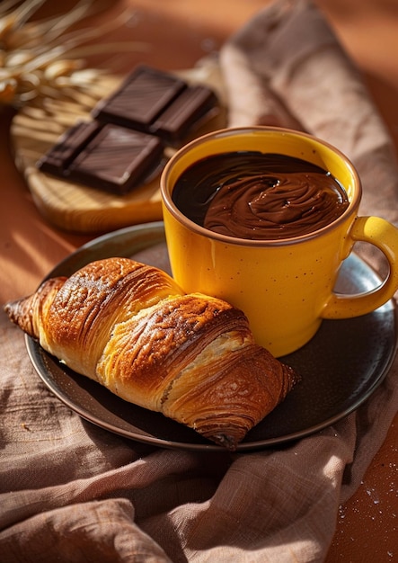 fresh french pastries and tea cup on wooden table