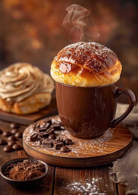 fresh french pastries and tea cup on wooden table