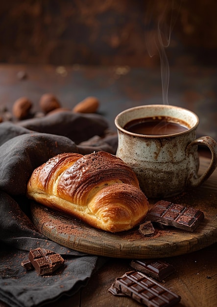 fresh french pastries and tea cup on wooden table