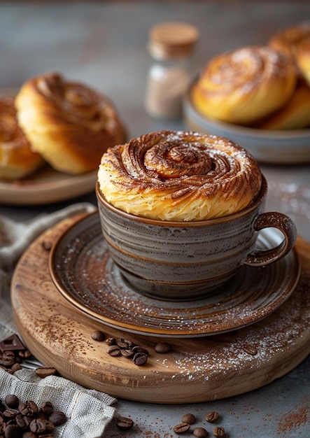 fresh french pastries and tea cup on wooden table