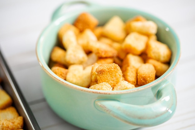 Fresh french toast croutons in the bowl.