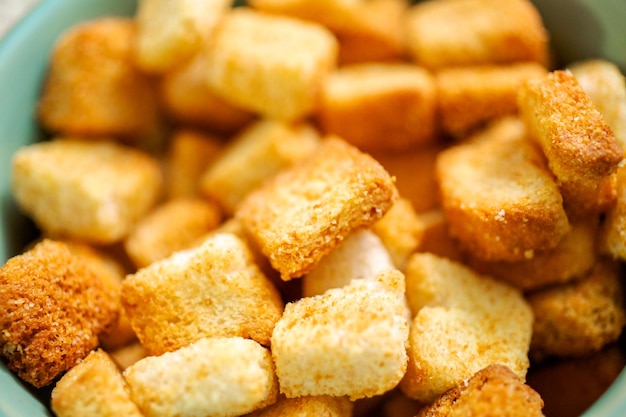 Fresh french toast croutons in the bowl.