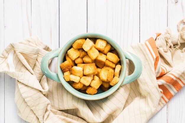 Fresh french toast croutons in the bowl.