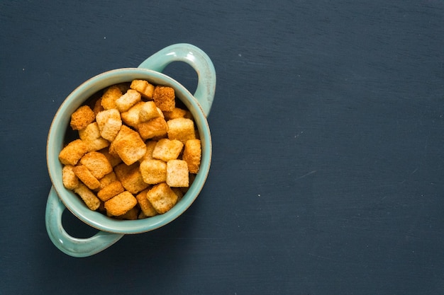 Fresh french toast croutons in the bowl.