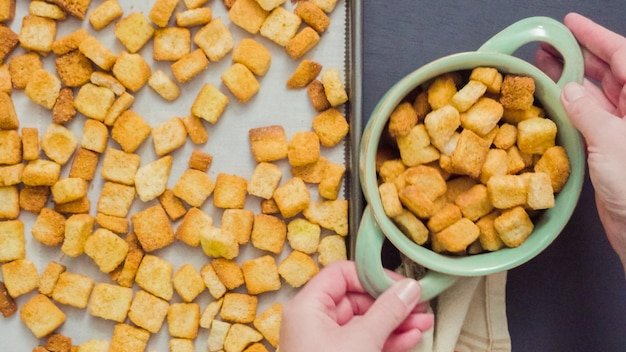 Fresh french toast croutons in the bowl.