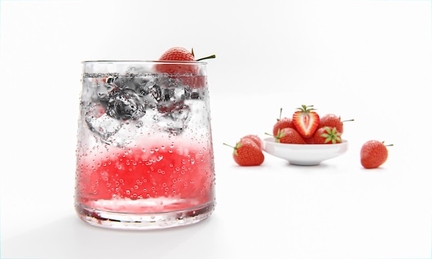 Cocktail alcolico di frutta fresca o mocktail in classico vetro trasparente con cubetti di ghiaccio cocktail alla fragola